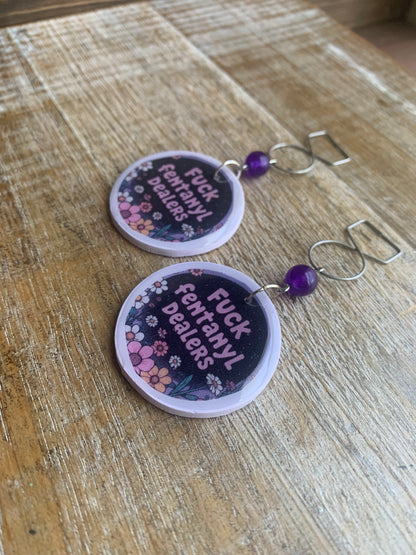 Fuck Fentanyl Dealers Amethyst Tunnel Gauge Earrings Clay Clip On Earrings Addiction Awareness Earrings