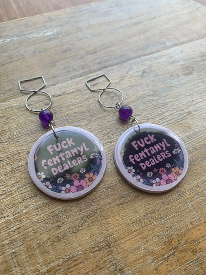 Fuck Fentanyl Dealers Amethyst Tunnel Gauge Earrings Clay Clip On Earrings Addiction Awareness Earrings