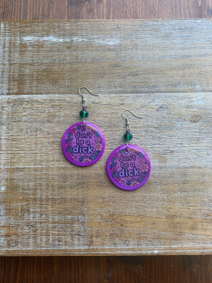 Don’t Be A Dick Purple Clay Floral Earrings Funny Clip On Earrings Tunnel Gauge Earrings