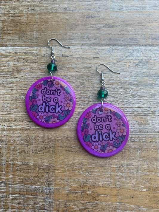 Don’t Be A Dick Purple Clay Floral Earrings Funny Clip On Earrings Tunnel Gauge Earrings