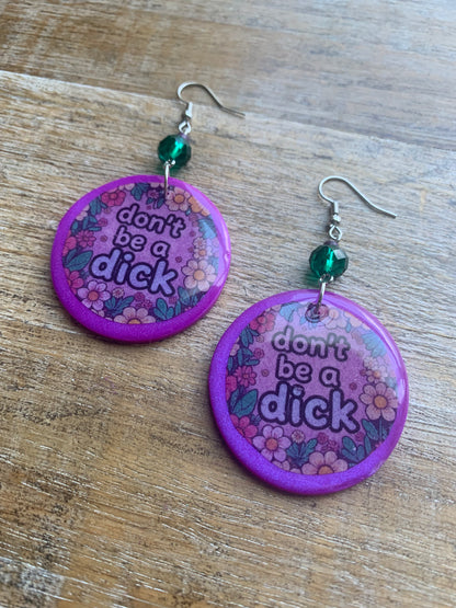 Don’t Be A Dick Purple Clay Floral Earrings Funny Clip On Earrings Tunnel Gauge Earrings