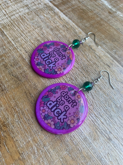 Don’t Be A Dick Purple Clay Floral Earrings Funny Clip On Earrings Tunnel Gauge Earrings