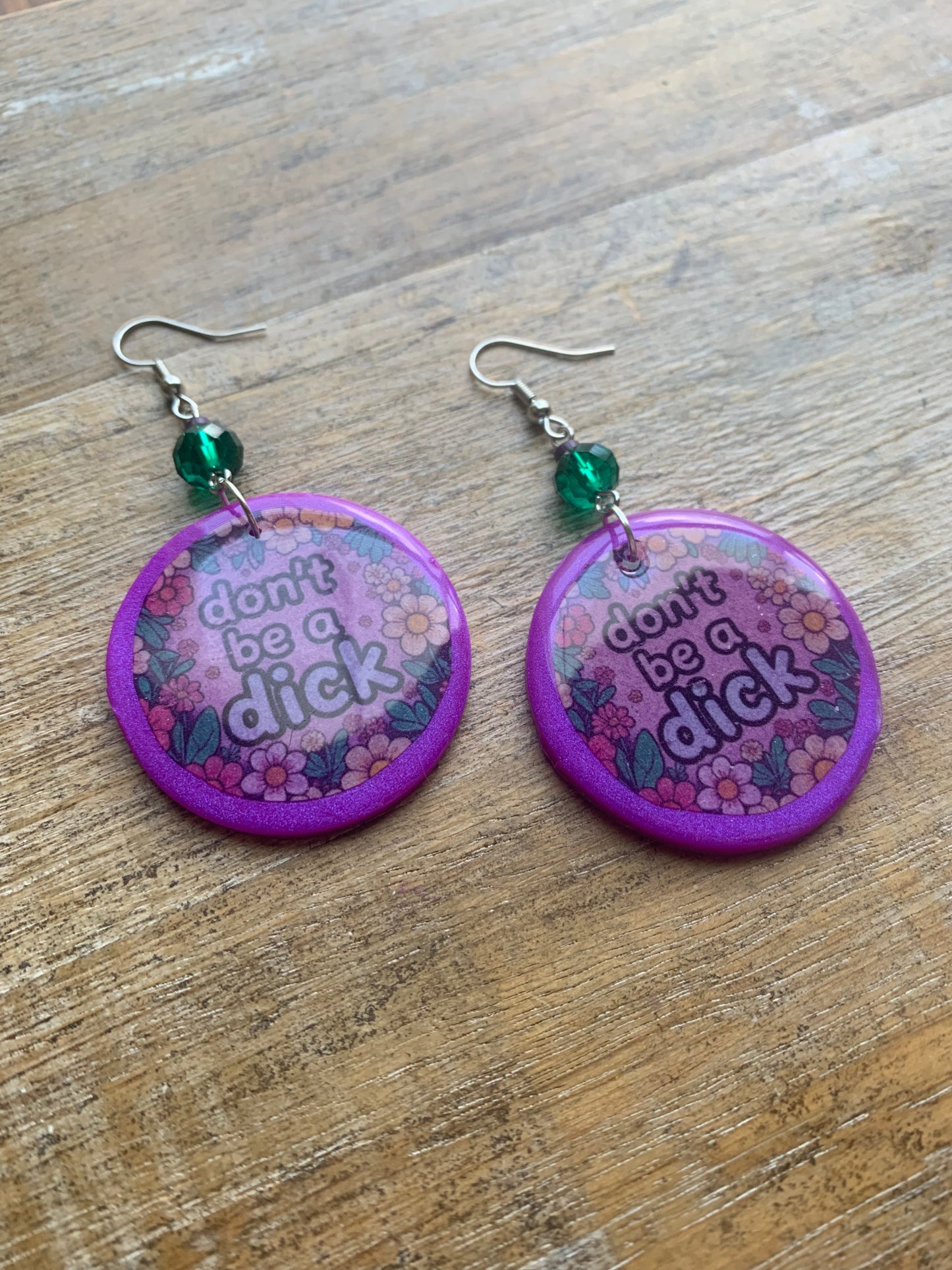 Don’t Be A Dick Purple Clay Floral Earrings Funny Clip On Earrings Tunnel Gauge Earrings