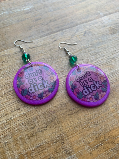Don’t Be A Dick Purple Clay Floral Earrings Funny Clip On Earrings Tunnel Gauge Earrings