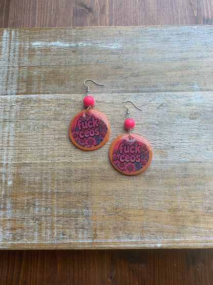 Fuck CEOs Eat the Rich Earrings Neon Pink Orange Tunnel Gauge Earrings Clip On Earrings