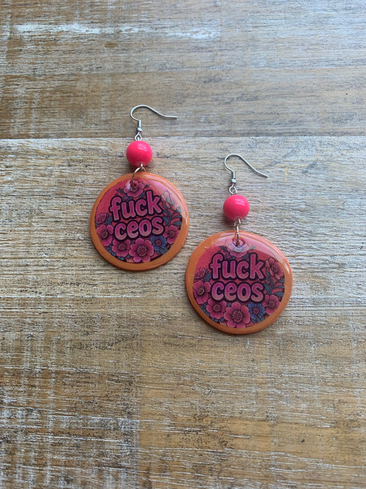 Fuck CEOs Eat the Rich Earrings Neon Pink Orange Tunnel Gauge Earrings Clip On Earrings