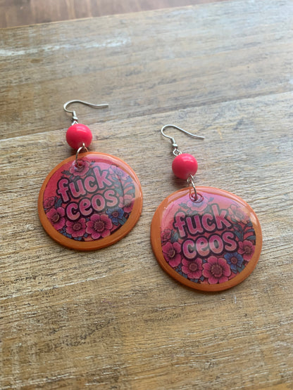 Fuck CEOs Eat the Rich Earrings Neon Pink Orange Tunnel Gauge Earrings Clip On Earrings