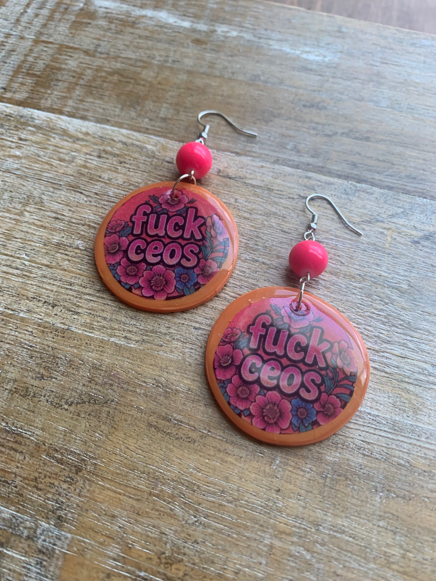 Fuck CEOs Eat the Rich Earrings Neon Pink Orange Tunnel Gauge Earrings Clip On Earrings