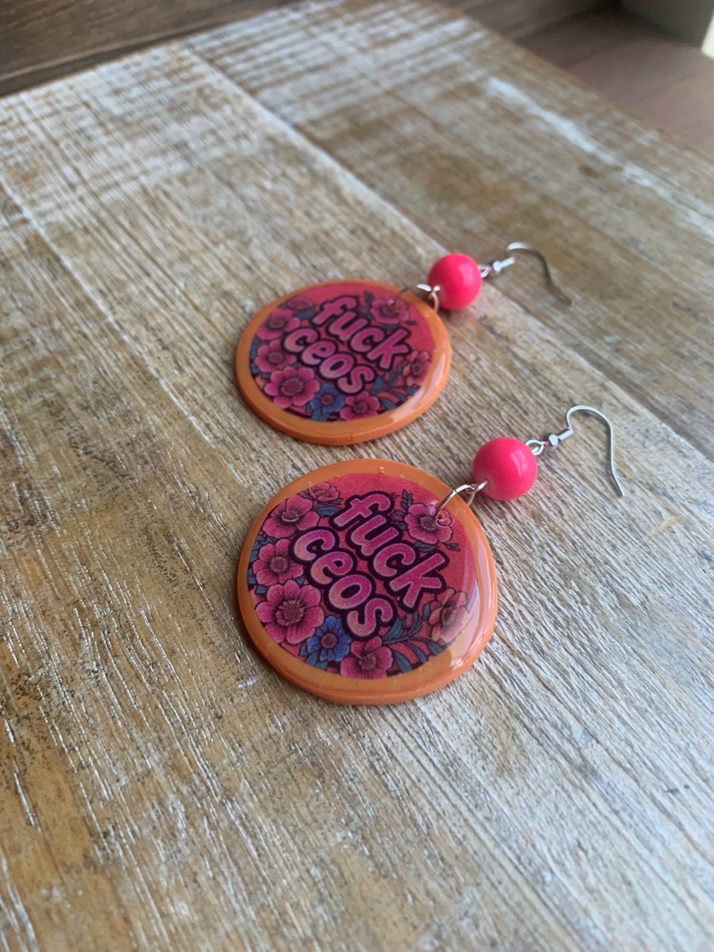 Fuck CEOs Eat the Rich Earrings Neon Pink Orange Tunnel Gauge Earrings Clip On Earrings