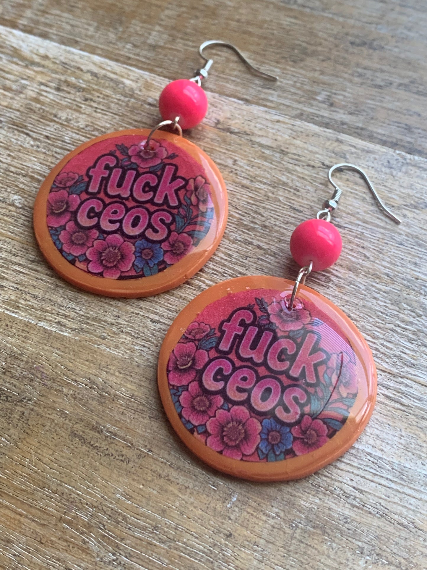 Fuck CEOs Eat the Rich Earrings Neon Pink Orange Tunnel Gauge Earrings Clip On Earrings