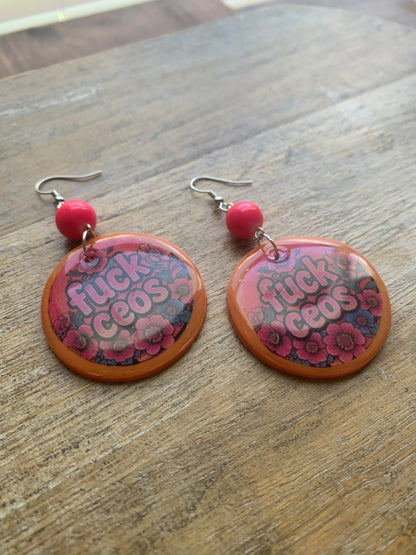 Fuck CEOs Eat the Rich Earrings Neon Pink Orange Tunnel Gauge Earrings Clip On Earrings