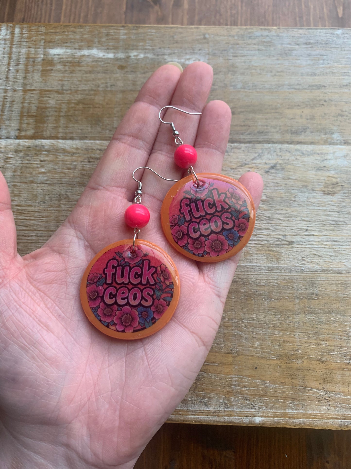 Fuck CEOs Eat the Rich Earrings Neon Pink Orange Tunnel Gauge Earrings Clip On Earrings