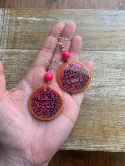 Fuck CEOs Eat the Rich Earrings Neon Pink Orange Tunnel Gauge Earrings Clip On Earrings
