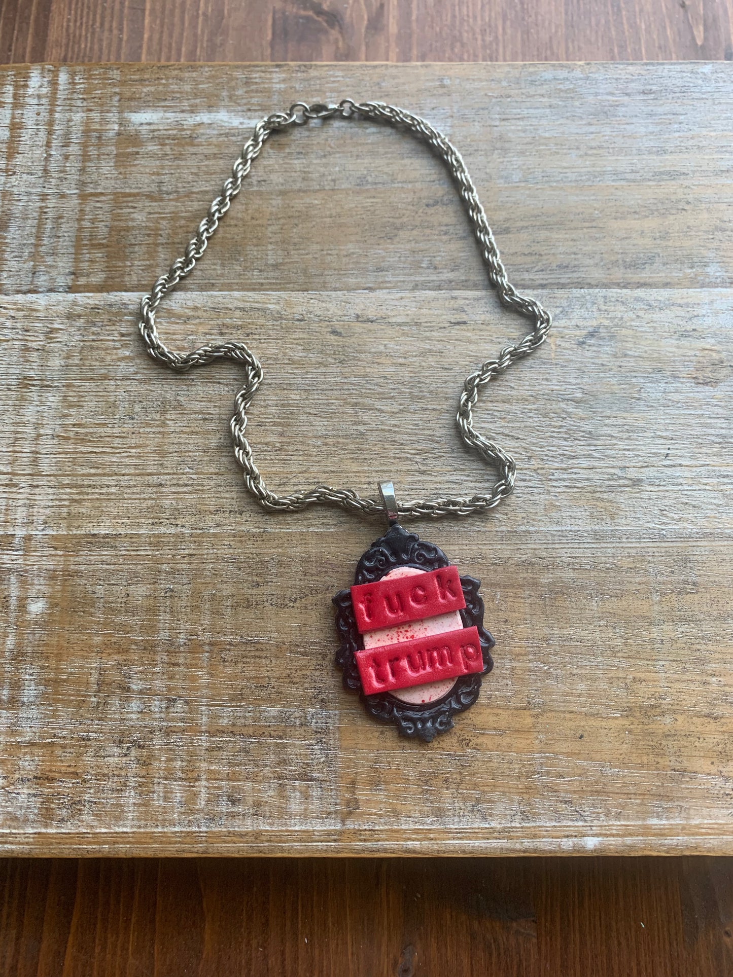 Fuck Trump Gothic Blood Splatter Cameo Choker Necklace with Recycled Silver Tone Chain