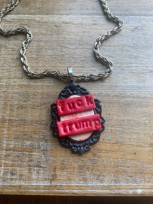 Fuck Trump Gothic Blood Splatter Cameo Choker Necklace with Recycled Silver Tone Chain