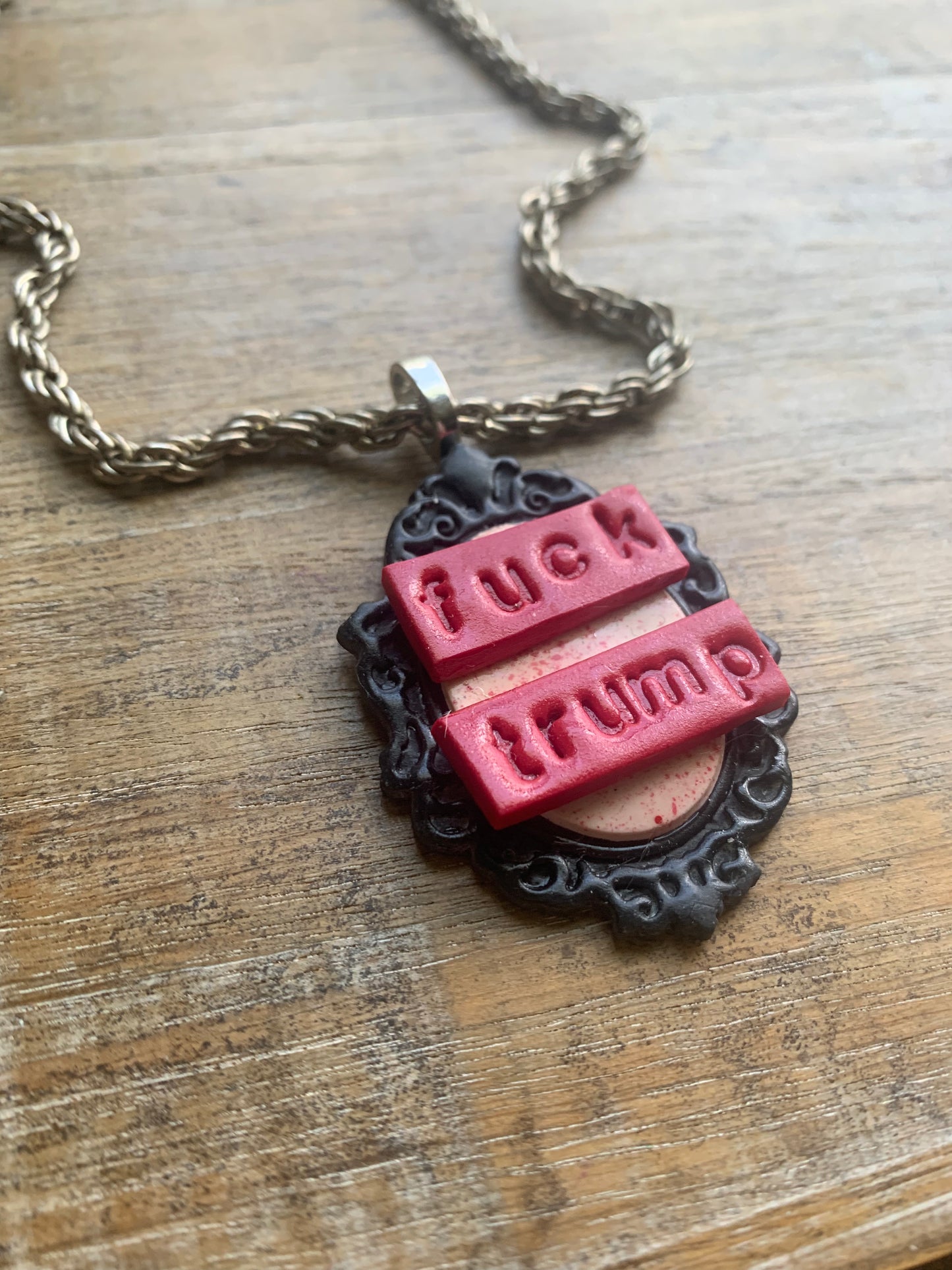 Fuck Trump Gothic Blood Splatter Cameo Choker Necklace with Recycled Silver Tone Chain
