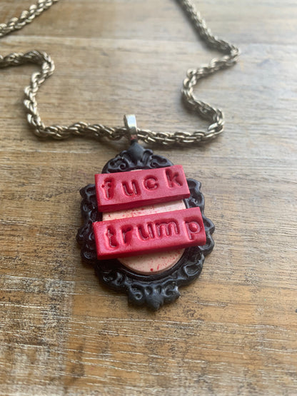 Fuck Trump Gothic Blood Splatter Cameo Choker Necklace with Recycled Silver Tone Chain