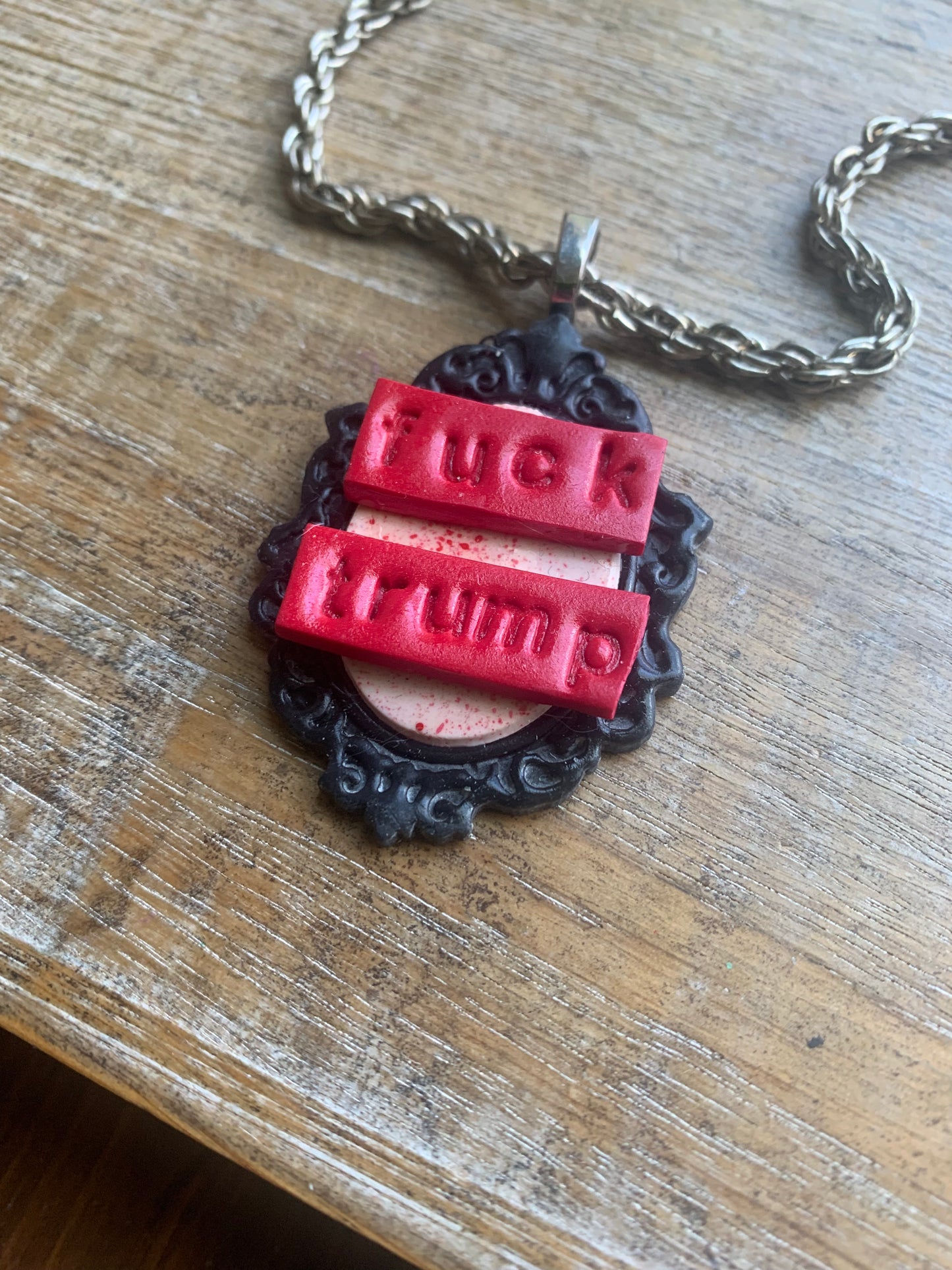 Fuck Trump Gothic Blood Splatter Cameo Choker Necklace with Recycled Silver Tone Chain