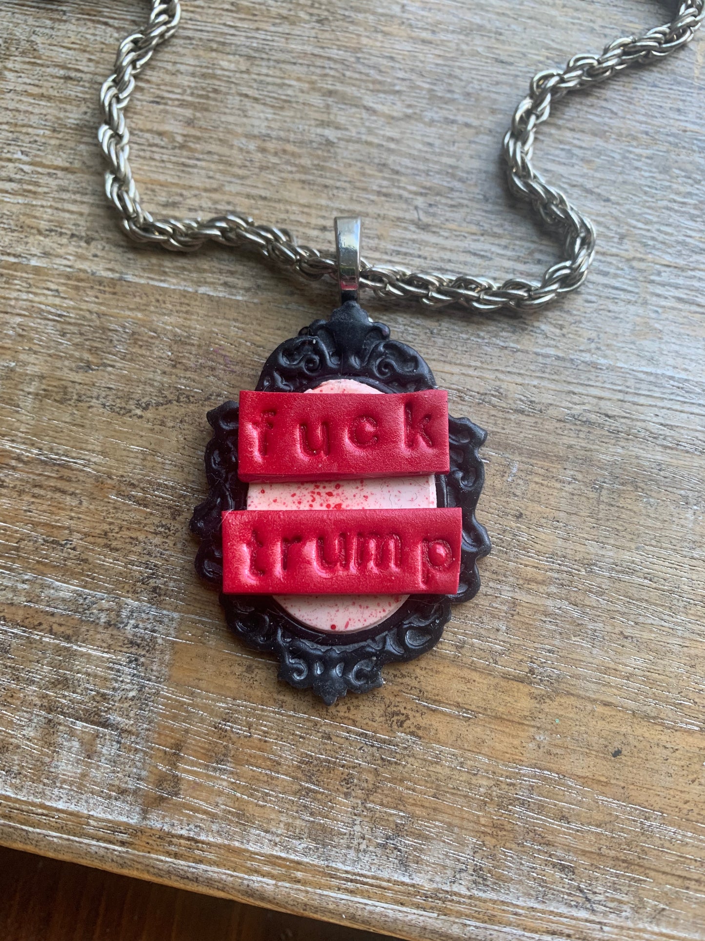 Fuck Trump Gothic Blood Splatter Cameo Choker Necklace with Recycled Silver Tone Chain