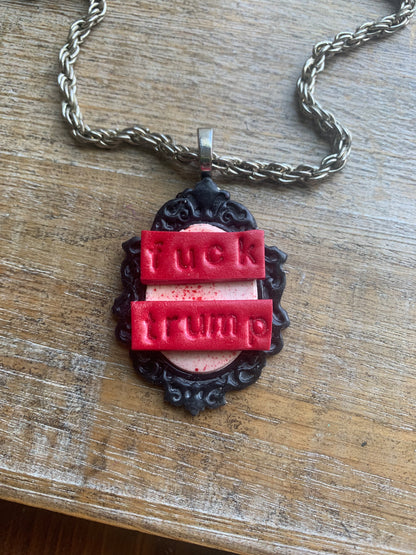 Fuck Trump Gothic Blood Splatter Cameo Choker Necklace with Recycled Silver Tone Chain