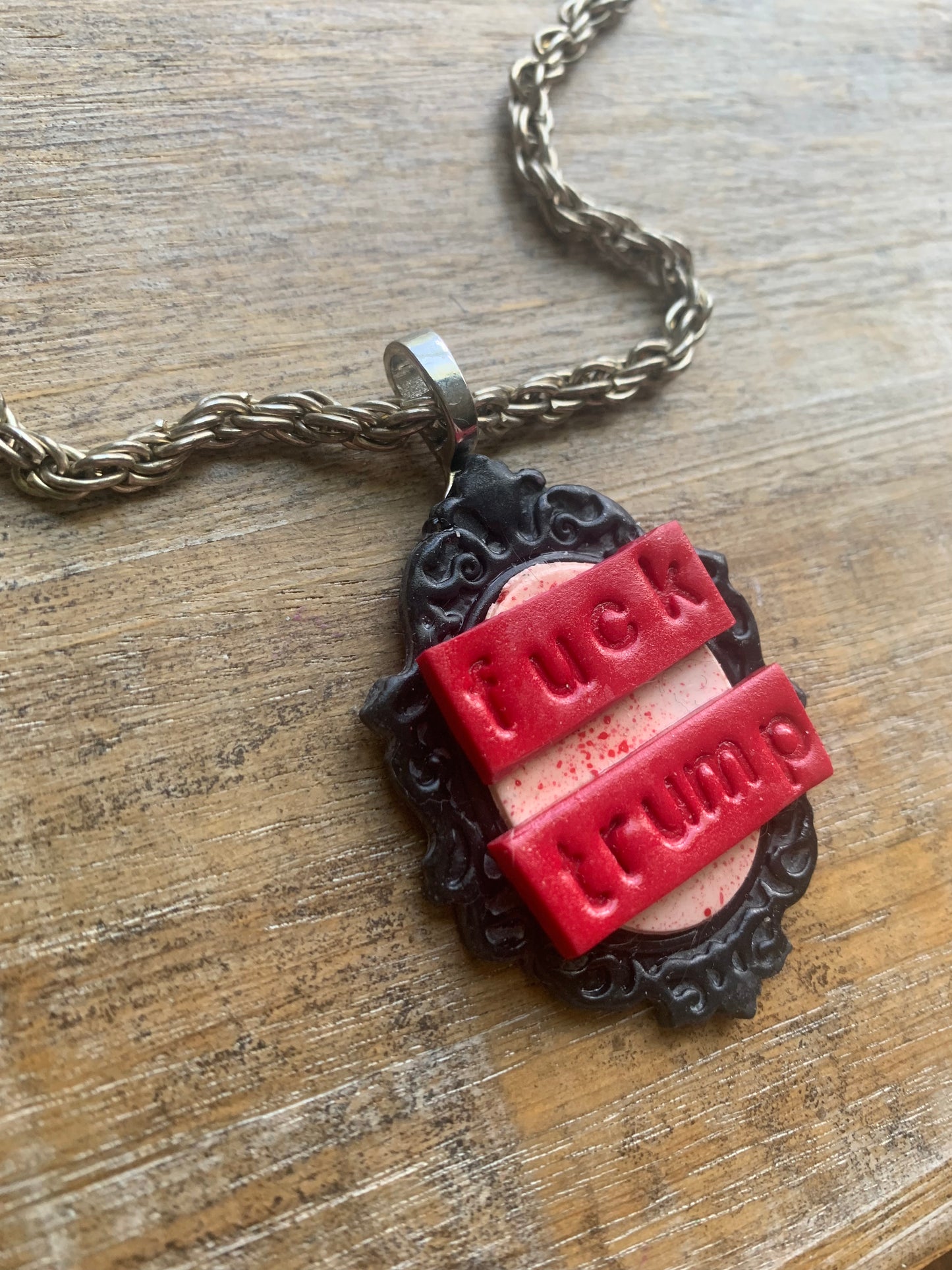 Fuck Trump Gothic Blood Splatter Cameo Choker Necklace with Recycled Silver Tone Chain