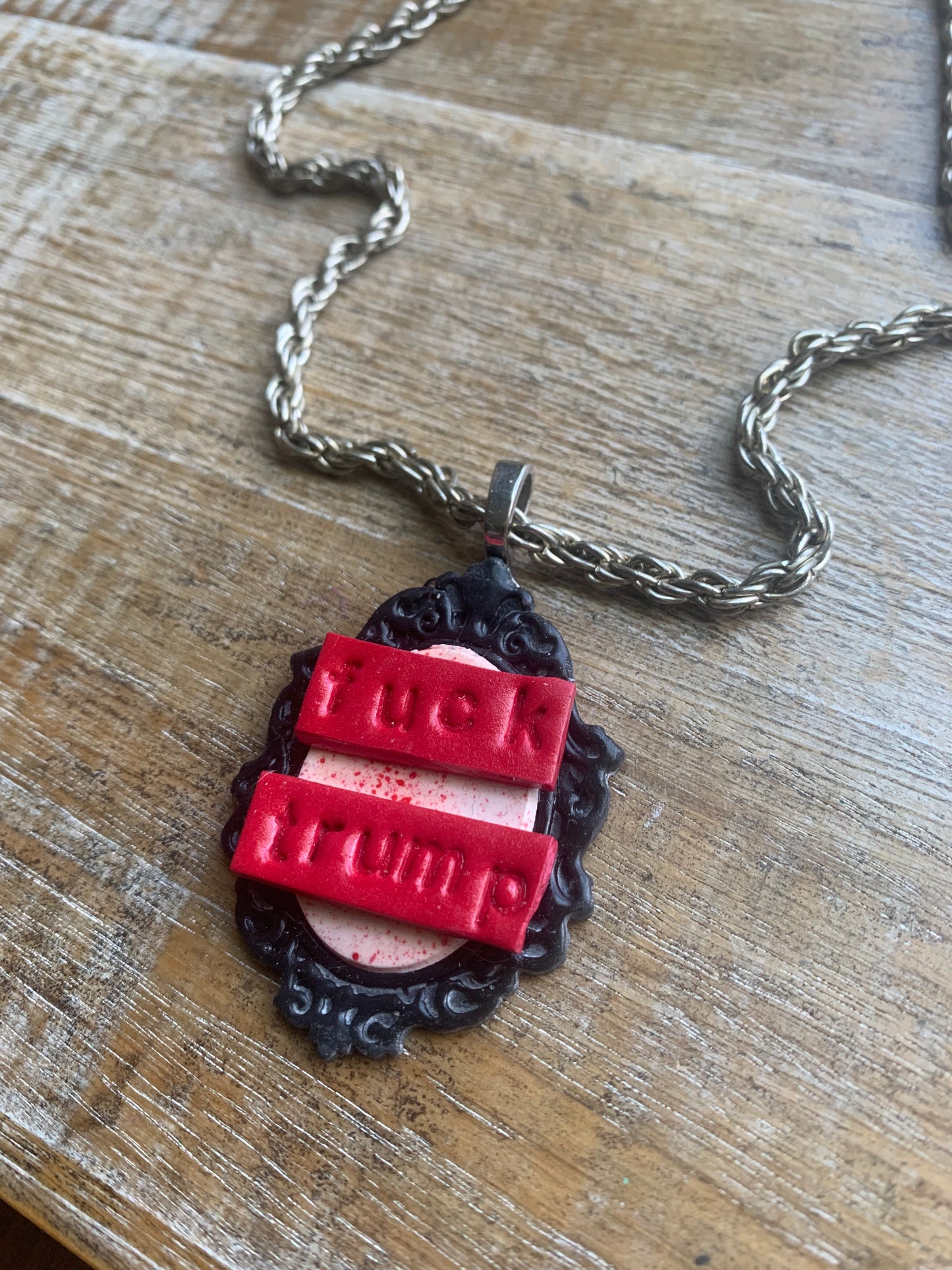 Fuck Trump Gothic Blood Splatter Cameo Choker Necklace with Recycled Silver Tone Chain