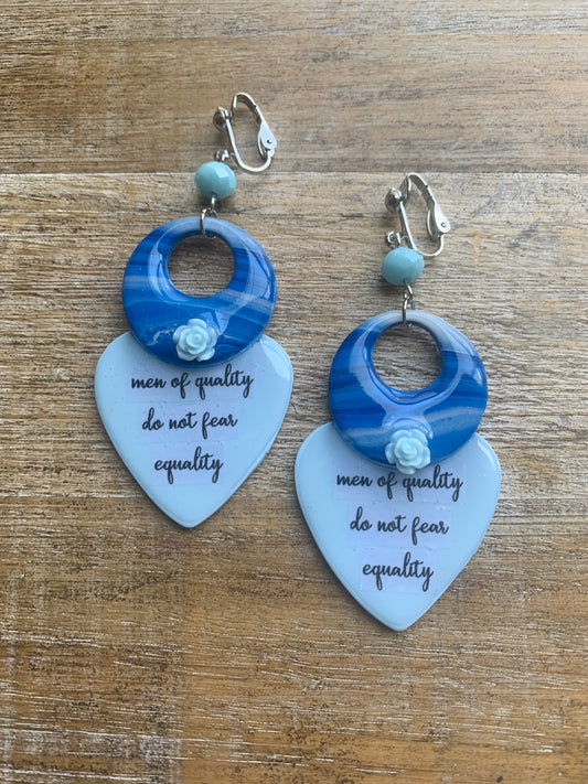 Men of Quality Do Not Fear Equality Clay Clip On Earrings Blue Tunnel Gauge Earrings Light Blue
