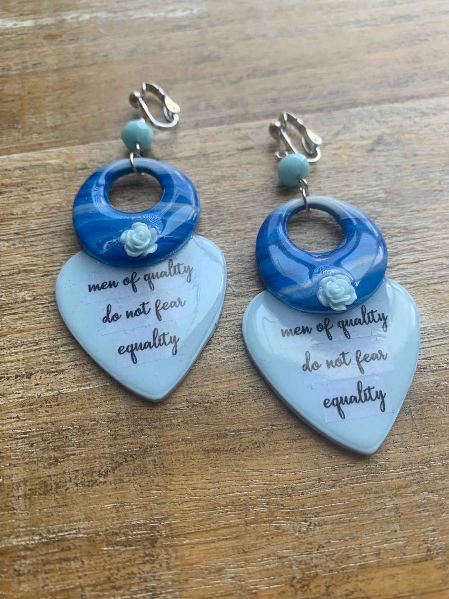 Men of Quality Do Not Fear Equality Clay Clip On Earrings Blue Tunnel Gauge Earrings Light Blue