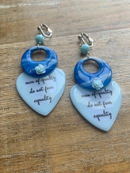 Men of Quality Do Not Fear Equality Clay Clip On Earrings Blue Tunnel Gauge Earrings Light Blue