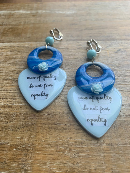 Men of Quality Do Not Fear Equality Clay Clip On Earrings Blue Tunnel Gauge Earrings Light Blue
