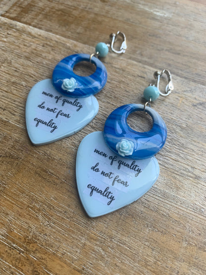 Men of Quality Do Not Fear Equality Clay Clip On Earrings Blue Tunnel Gauge Earrings Light Blue