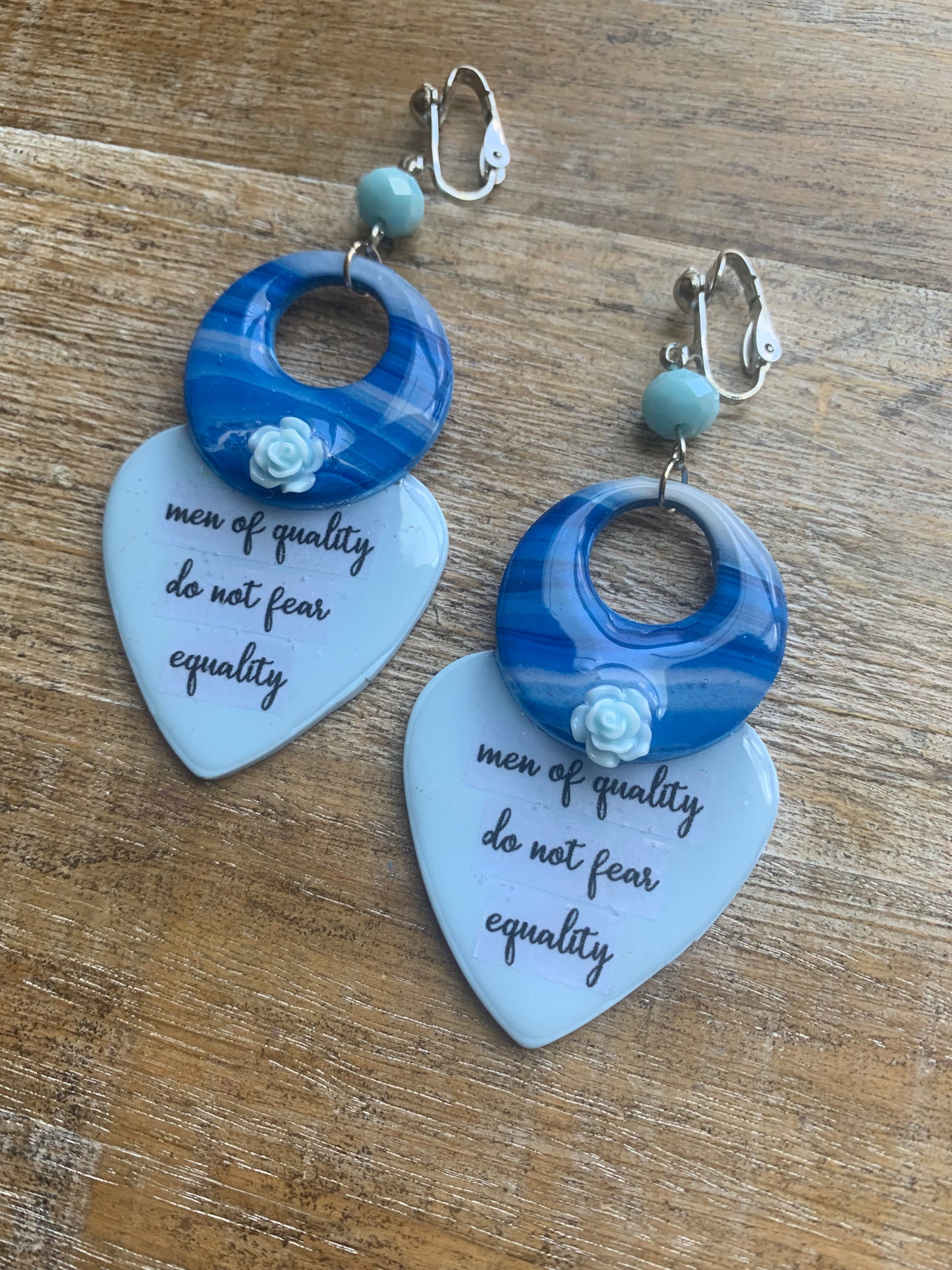 Men of Quality Do Not Fear Equality Clay Clip On Earrings Blue Tunnel Gauge Earrings Light Blue
