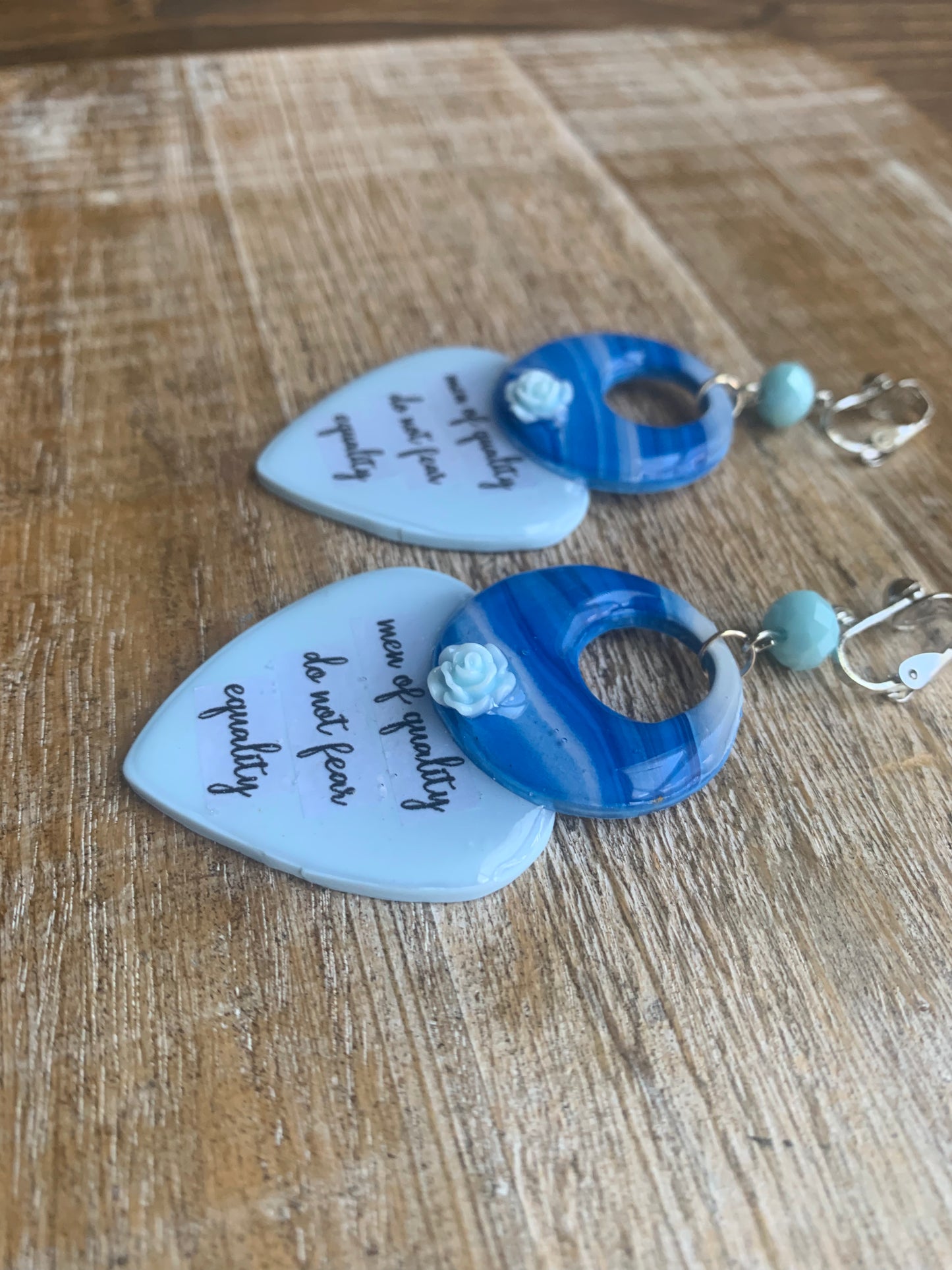 Men of Quality Do Not Fear Equality Clay Clip On Earrings Blue Tunnel Gauge Earrings Light Blue