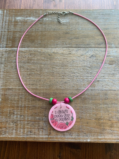 I Didn’t Vote for a Rapist Pink Rose Beaded Cord Necklace