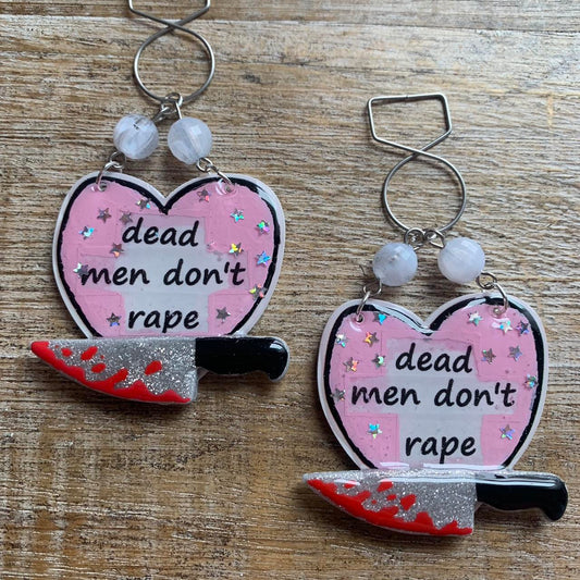 Dead Men Don’t Rape Tunnel Gauge Earrings Bloody Red & Pink Resin Clip On Earrings