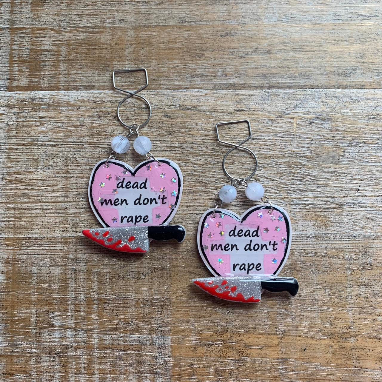 Dead Men Don’t Rape Tunnel Gauge Earrings Bloody Red & Pink Resin Clip On Earrings