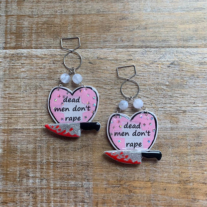 Dead Men Don’t Rape Tunnel Gauge Earrings Bloody Red & Pink Resin Clip On Earrings