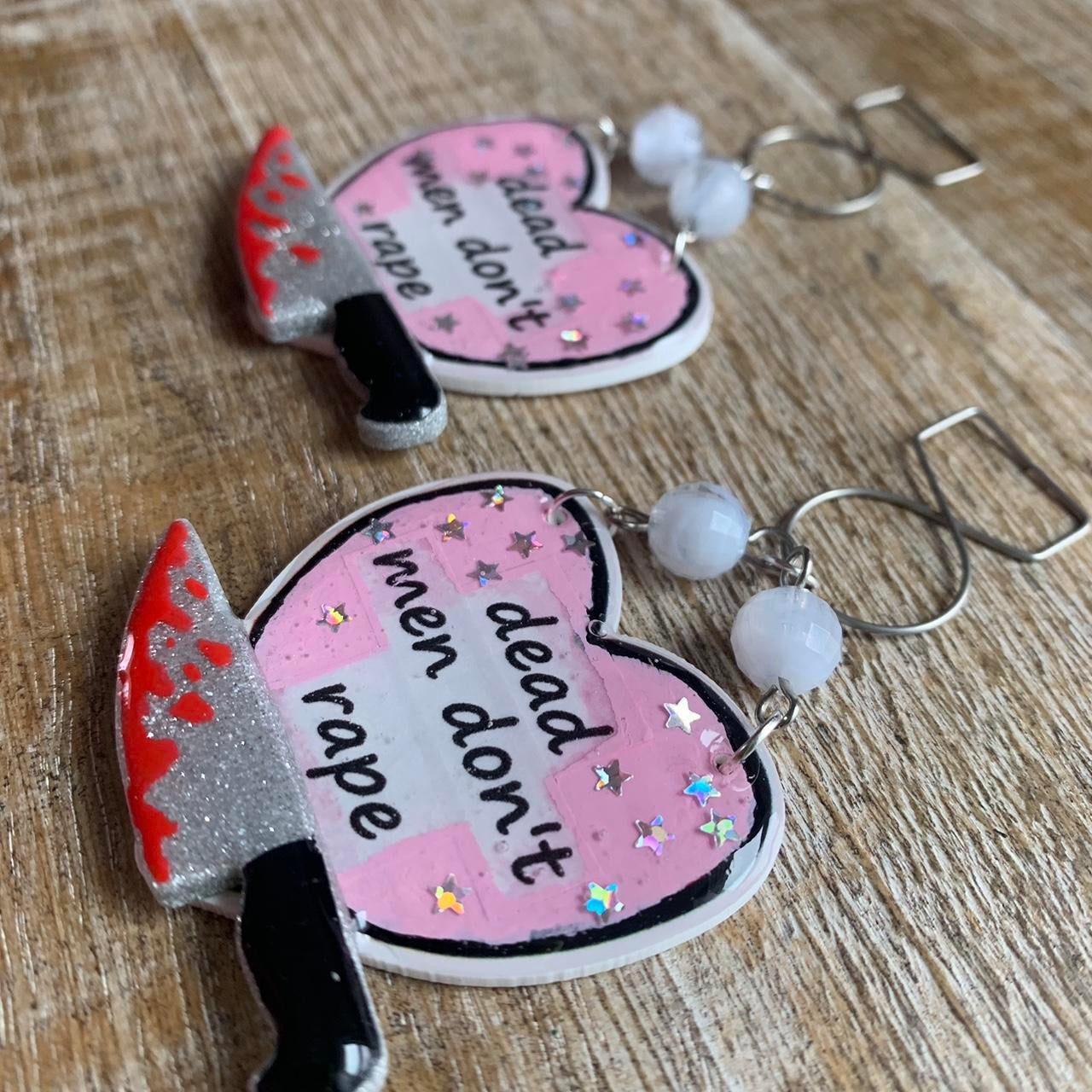 Dead Men Don’t Rape Tunnel Gauge Earrings Bloody Red & Pink Resin Clip On Earrings