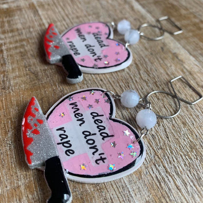 Dead Men Don’t Rape Tunnel Gauge Earrings Bloody Red & Pink Resin Clip On Earrings