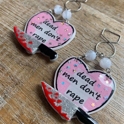 Dead Men Don’t Rape Tunnel Gauge Earrings Bloody Red & Pink Resin Clip On Earrings