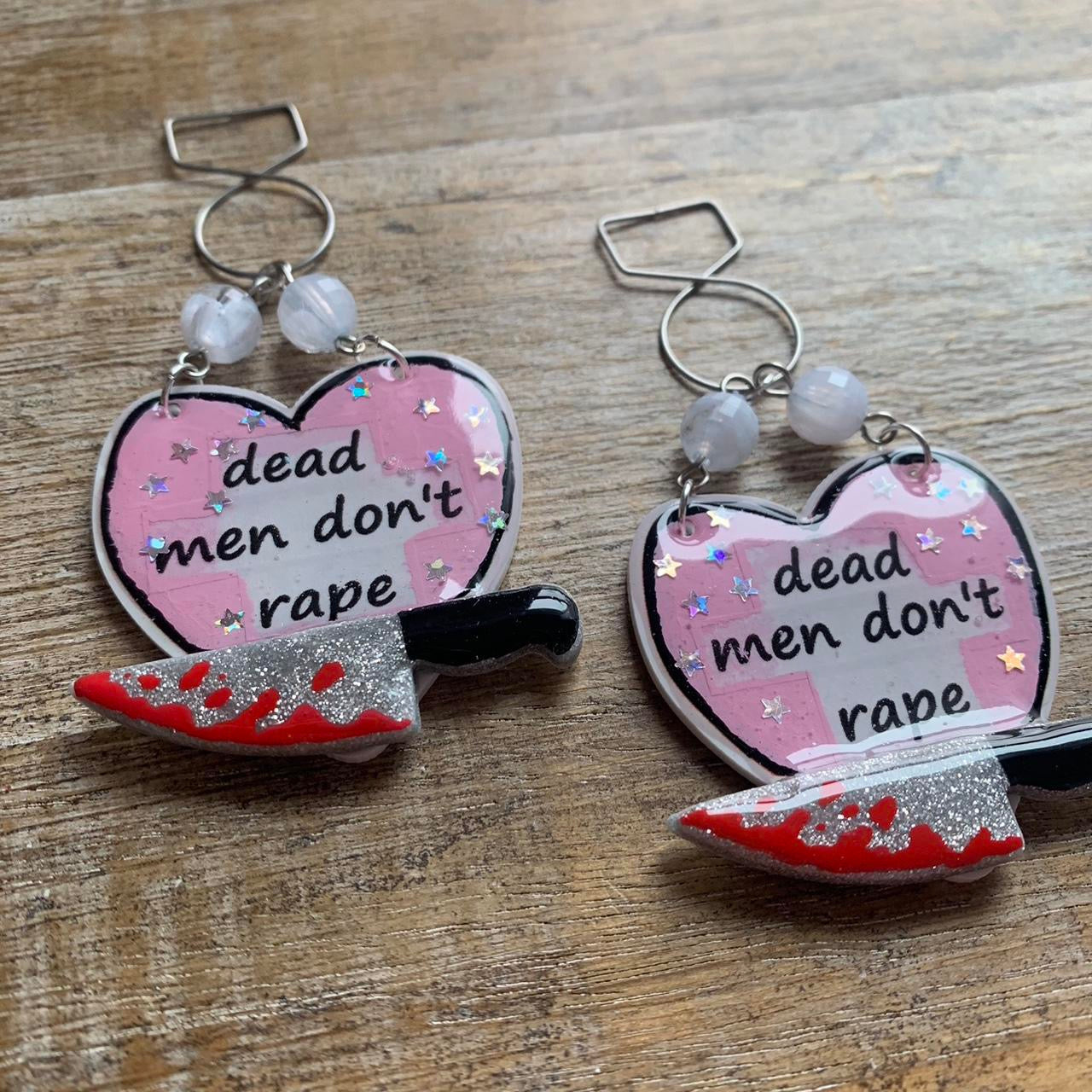 Dead Men Don’t Rape Tunnel Gauge Earrings Bloody Red & Pink Resin Clip On Earrings