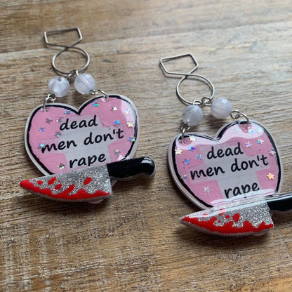 Dead Men Don’t Rape Tunnel Gauge Earrings Bloody Red & Pink Resin Clip On Earrings