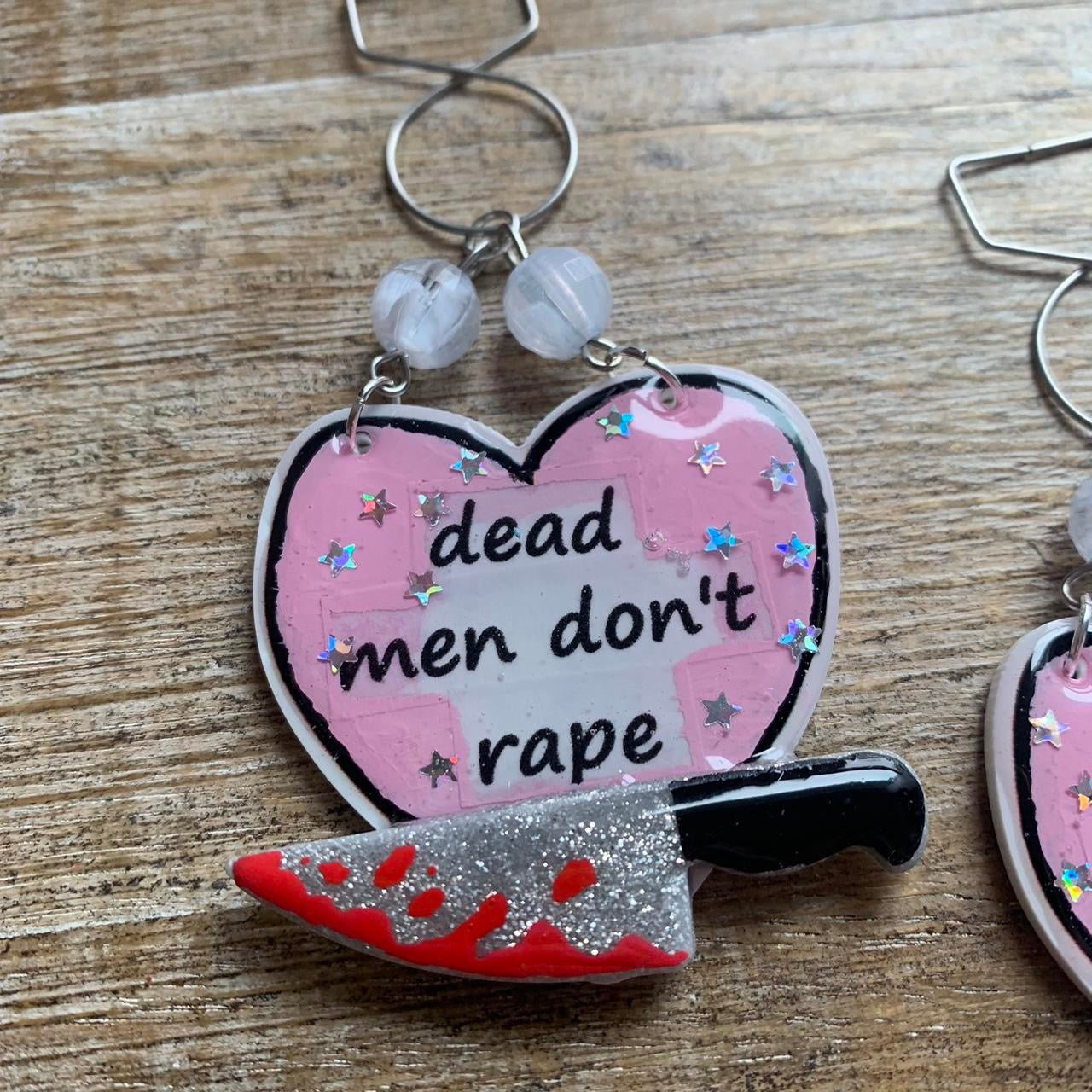 Dead Men Don’t Rape Tunnel Gauge Earrings Bloody Red & Pink Resin Clip On Earrings