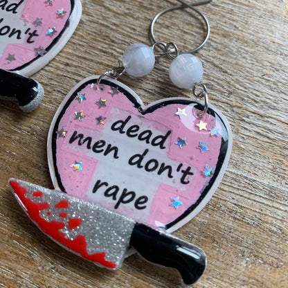 Dead Men Don’t Rape Tunnel Gauge Earrings Bloody Red & Pink Resin Clip On Earrings