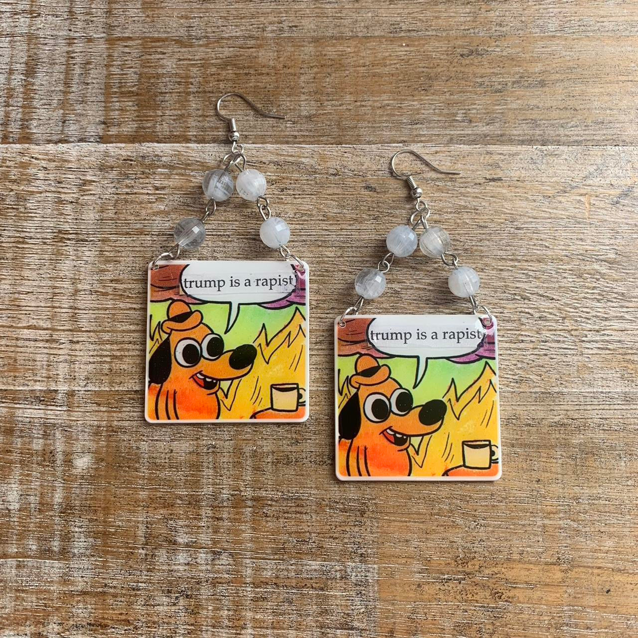 Anti Trump Meme Earrings Art Deco Democrat Trump for Prison Yellow Fire Activist Statement