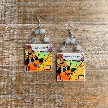 Anti Trump Meme Earrings Art Deco Democrat Trump for Prison Yellow Fire Activist Statement