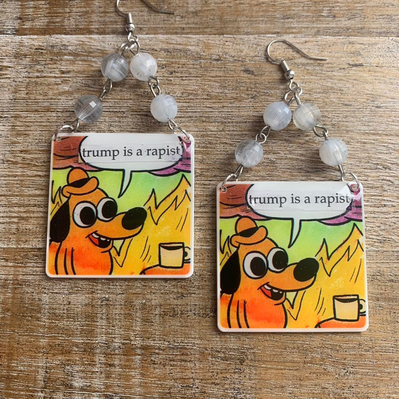 Anti Trump Meme Earrings Art Deco Democrat Trump for Prison Yellow Fire Activist Statement