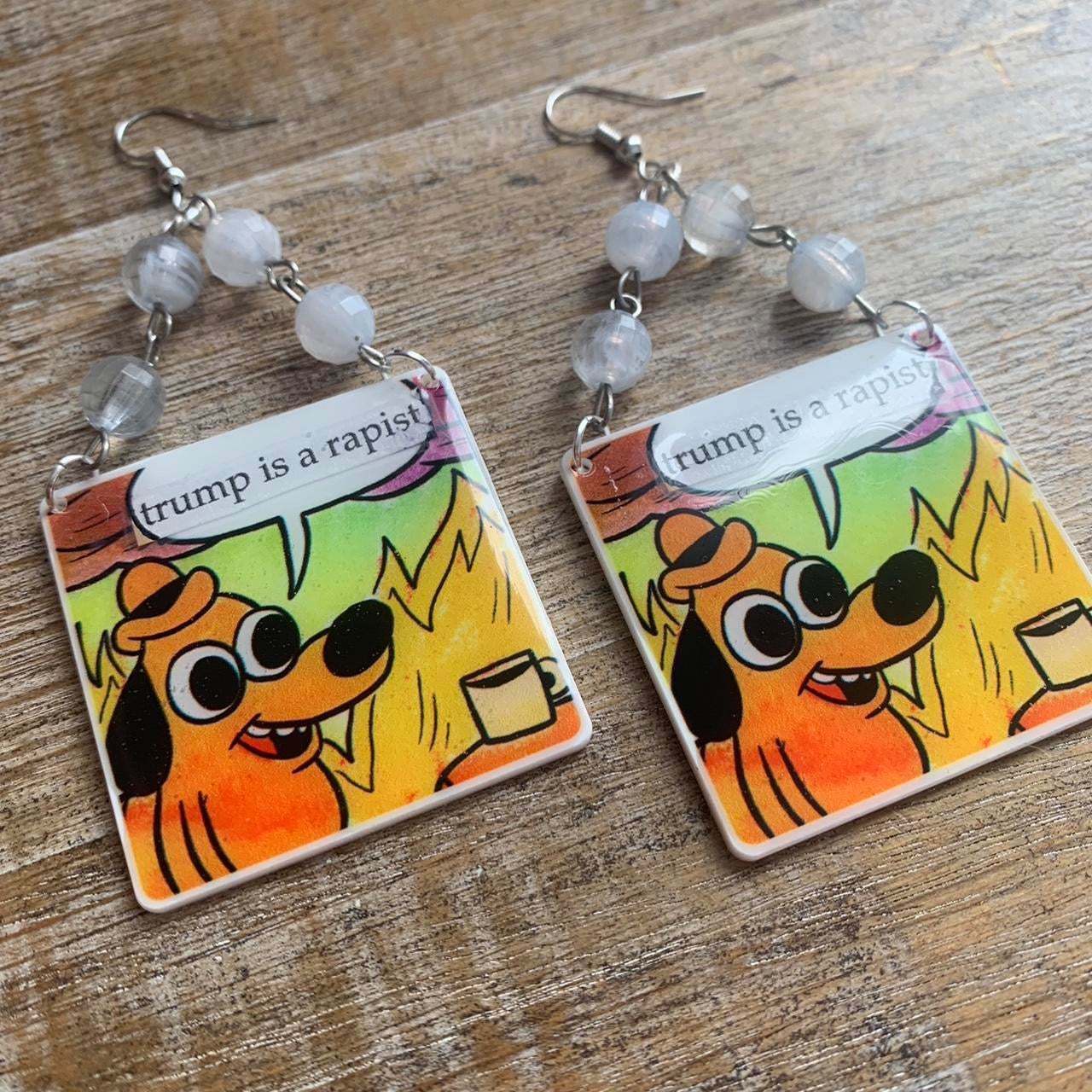 Anti Trump Meme Earrings Art Deco Democrat Trump for Prison Yellow Fire Activist Statement