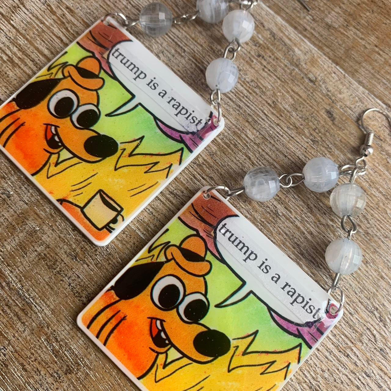 Anti Trump Meme Earrings Art Deco Democrat Trump for Prison Yellow Fire Activist Statement