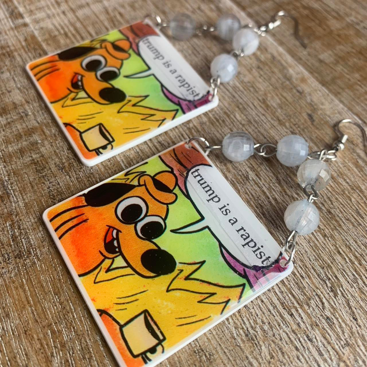 Anti Trump Meme Earrings Art Deco Democrat Trump for Prison Yellow Fire Activist Statement